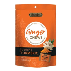 Bali’s Best soothing turmeric ginger chews in orange pouch with ginger root label