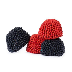 Red and black gummy berries candy with bumpy textured surface