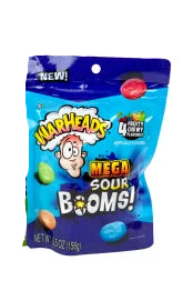 Warheads Mega Sour Booms chews in blue purple bag