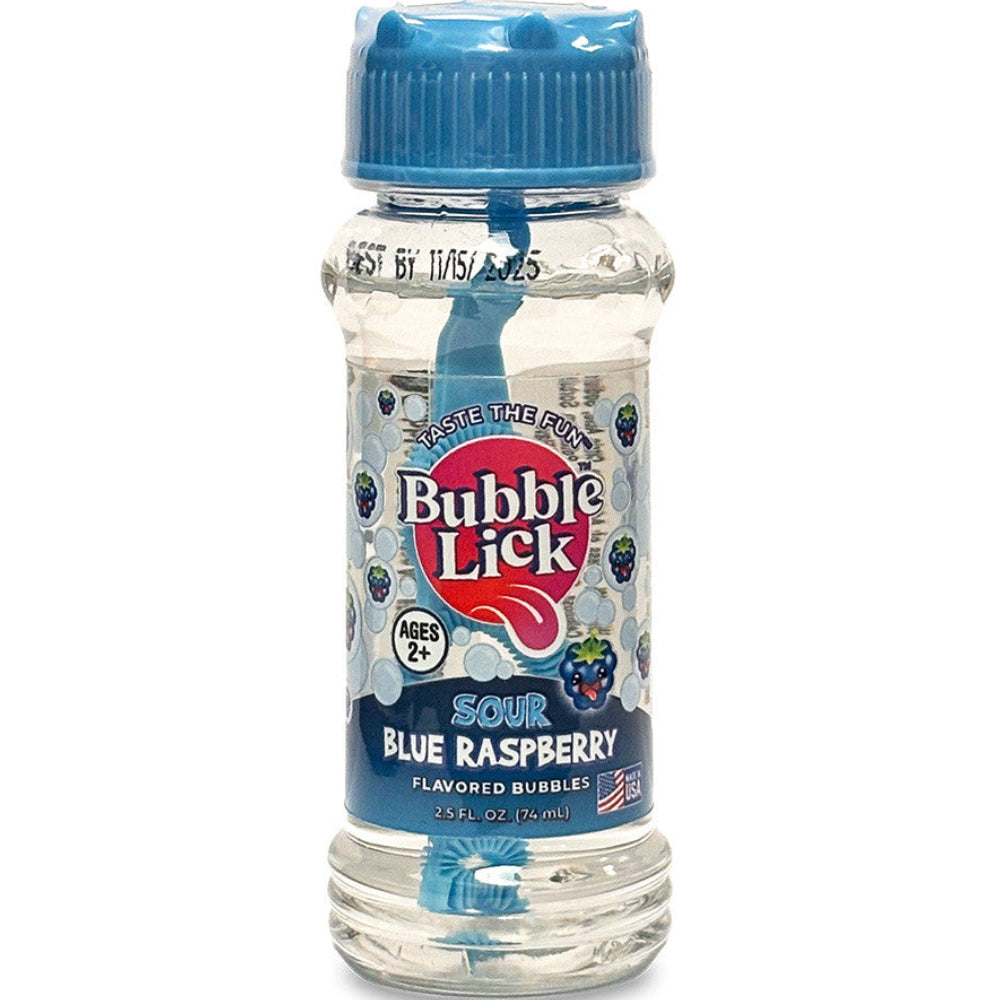 Bubble Lick Sour Blue Raspberry Bubbles in clear bottle with blue ribbed cap