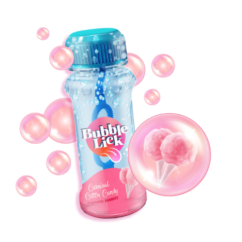Bubble Lick Cotton Candy Flavored Bubbles: pink and blue transparent bottle with turquoise cap