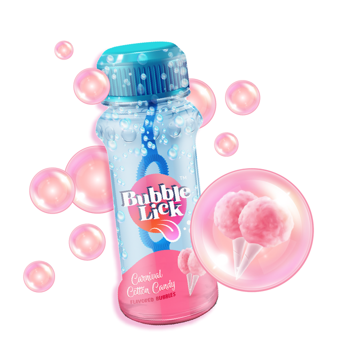 Bubble Lick Cotton Candy Flavored Bubbles: pink and blue transparent bottle with turquoise cap