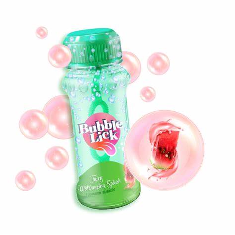 Green Bubble Lick watermelon bubble solution bottle with pink bubbles