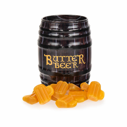 Harry Potter Butterbeer Barrel Tin with dark brown mug and orange gummy ice cubes