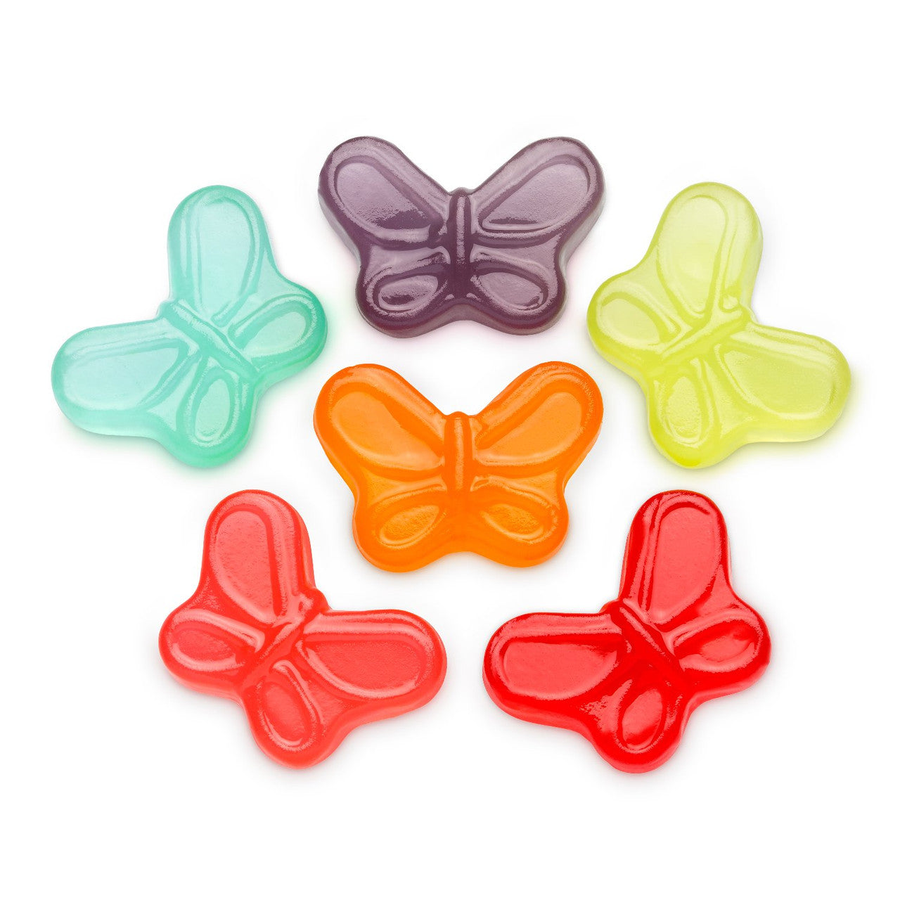 Colorful translucent Mini Butterfly Gummies in teal, purple, orange, lime green, red