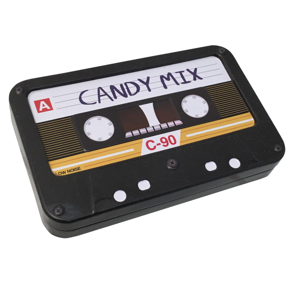 Black Candy Mix Cassette Tape Tin with Gold Accents and Candy
