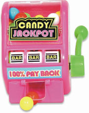 Pink plastic Jackpot Slot Machine Candy Dispenser with green handle and gumballs