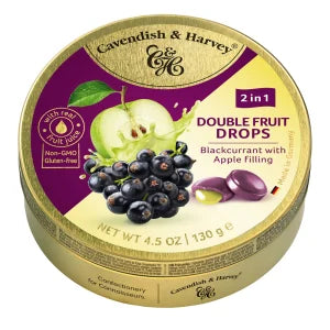 Cavendish & Harvey blackcurrant with apple filling fruit drops in gold tin