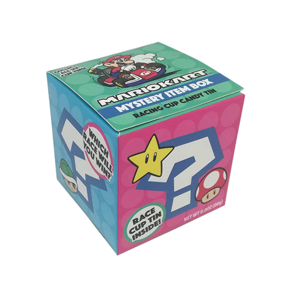 Colorful Mario Kart mystery item box with racing cup candy tin inside