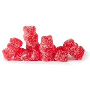 Red sour cherry gummy bears with sugary textured surface