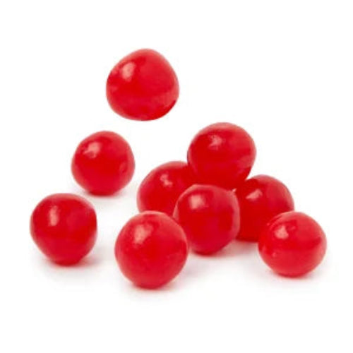 Glossy red cherry sour balls candies, smooth and round