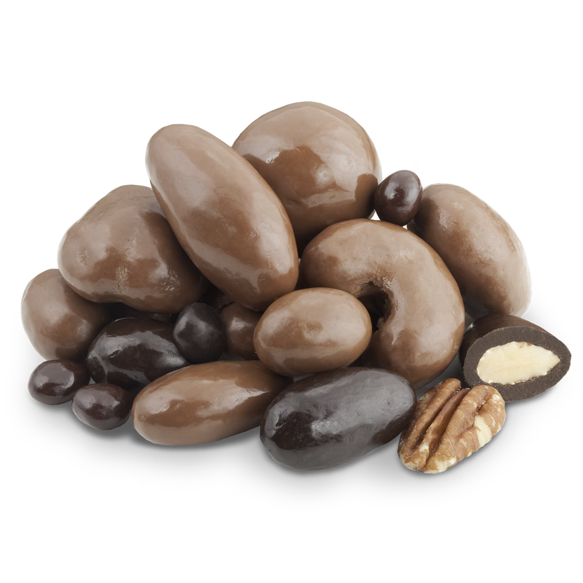 Pile of assorted chocolate-covered nuts in Chocolate Bridge Mix with glossy milk and dark coatings and visible pecan
