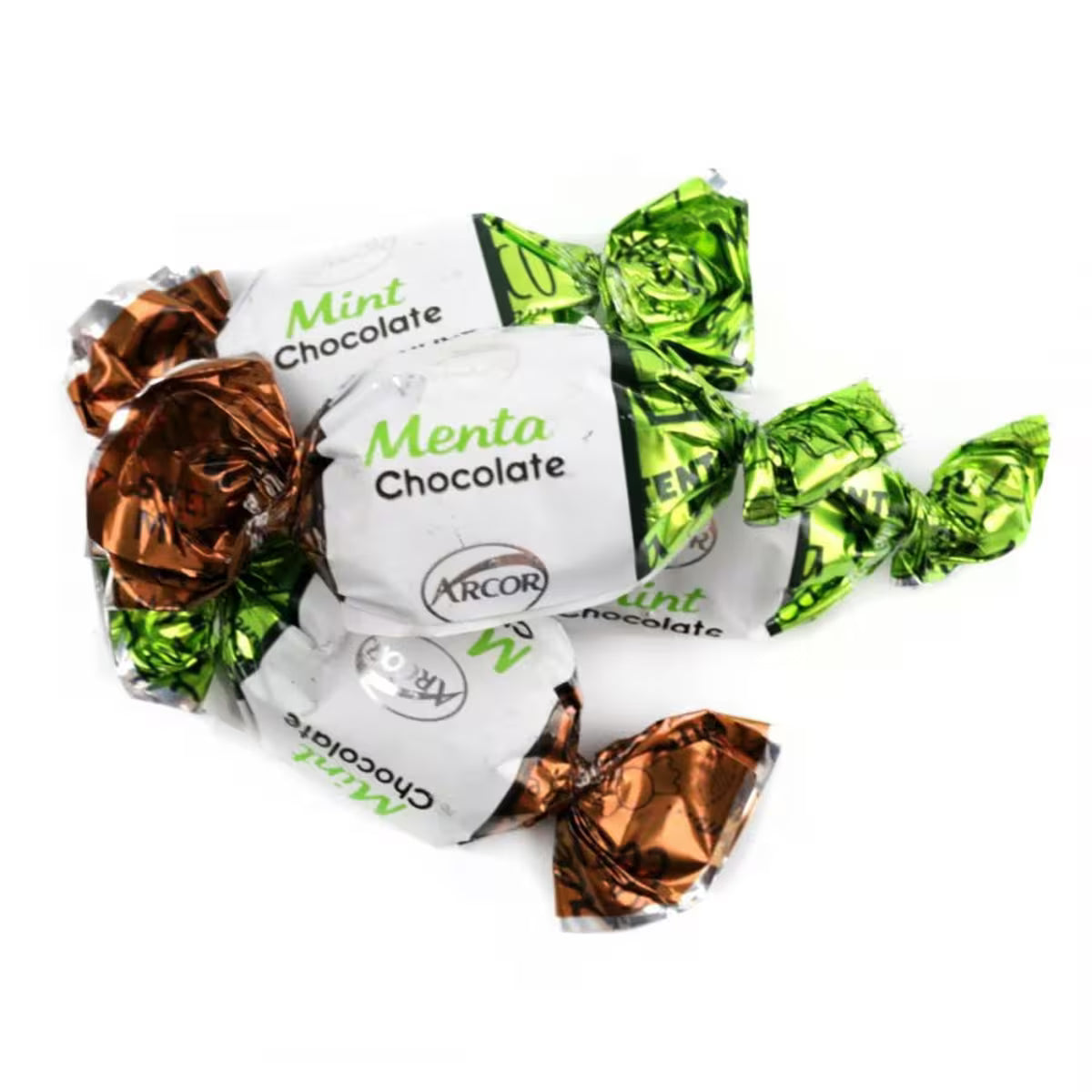 Arcor mint chocolate hard candies in green copper foil with logo
