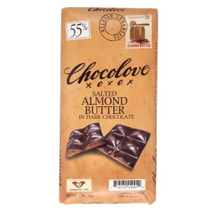 Chocolove salted almond butter dark chocolate bar wrapper with broken pieces