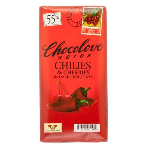 Chocolove chilies and cherries dark chocolate bar with glossy red wrapper