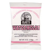 Pink and white Claeys watermelon hard candy drops in peg bag