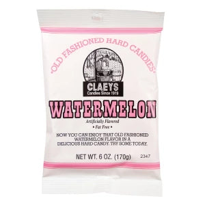 Pink and white Claeys watermelon hard candy drops in peg bag