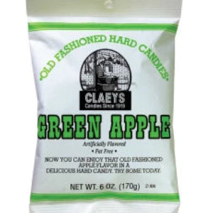 Claeys green apple candy drops in white and green peg bag