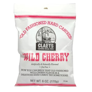 Claeys Wild Cherry Candy Drops peg bag with vintage red logo
