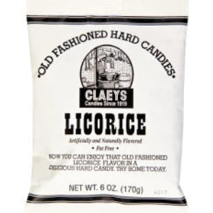 Claeys Licorice Candy Drops Peg Bag in vintage black and white package