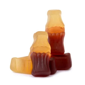 Happy Cola Bottle Gummies: translucent orange and brown Coca-Cola candies