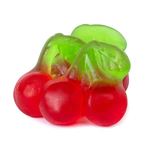 Translucent red and green Happy Cherries Gummies cluster with glossy texture