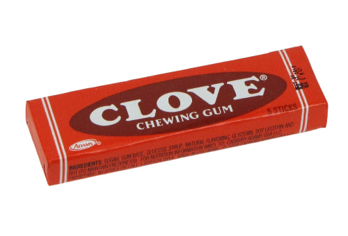 Red rectangular Adams Clove Chewing Gum package with white lettering