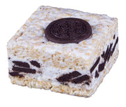 Square Oreo rice crispy treat with marshmallow coating and cookie pieces, topped with whole Oreo