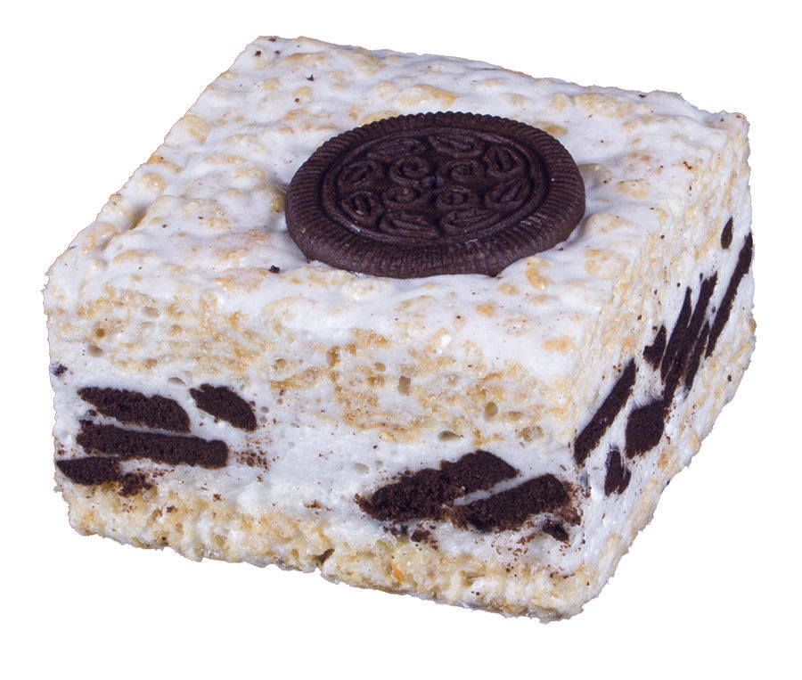 Square Oreo rice crispy treat with marshmallow coating and cookie pieces, topped with whole Oreo