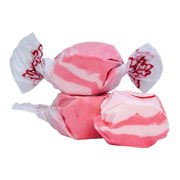 Pink and white striped Taffy Cranberry-Raspberry candies in clear cellophane