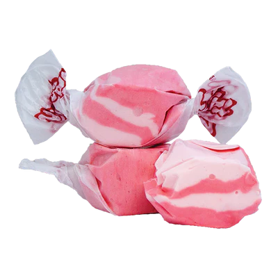 Pink and white striped Taffy Cranberry-Raspberry candies in clear cellophane