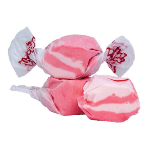 Pink and white striped Taffy Cranberry-Raspberry candies in clear cellophane