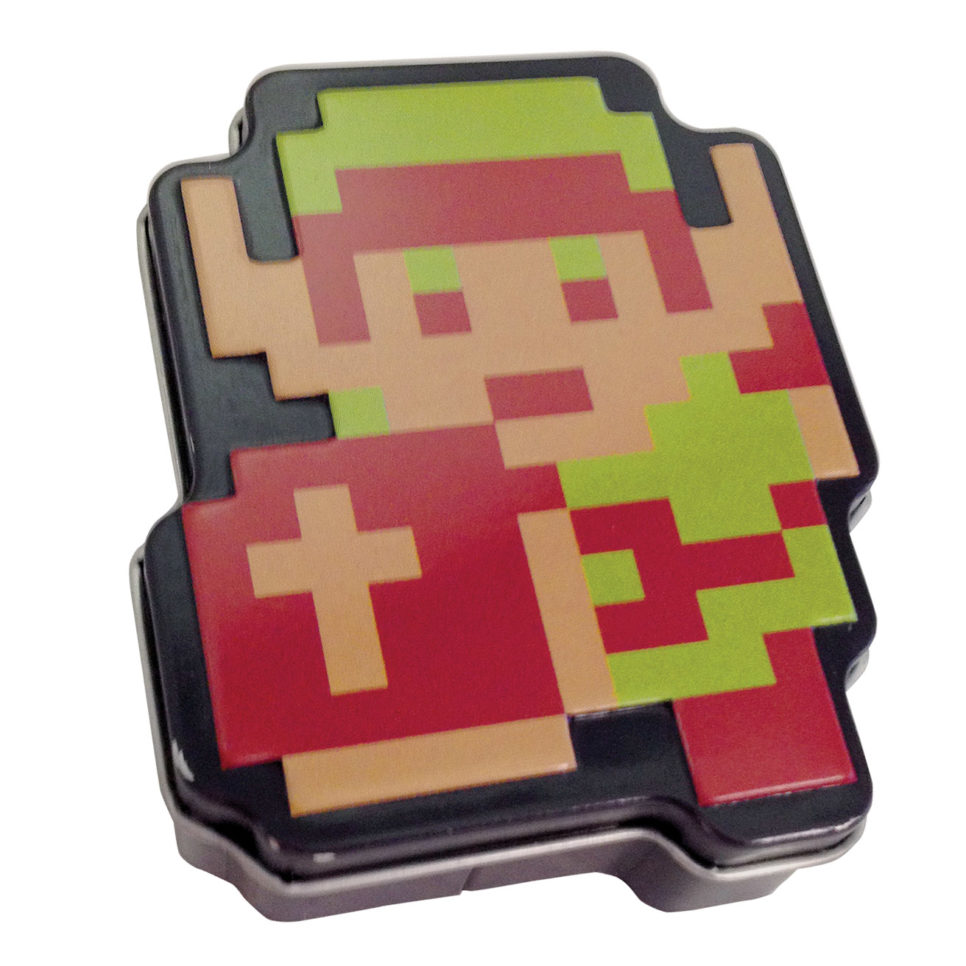 Pixelated Mario-themed compact case with Zelda orange swords design