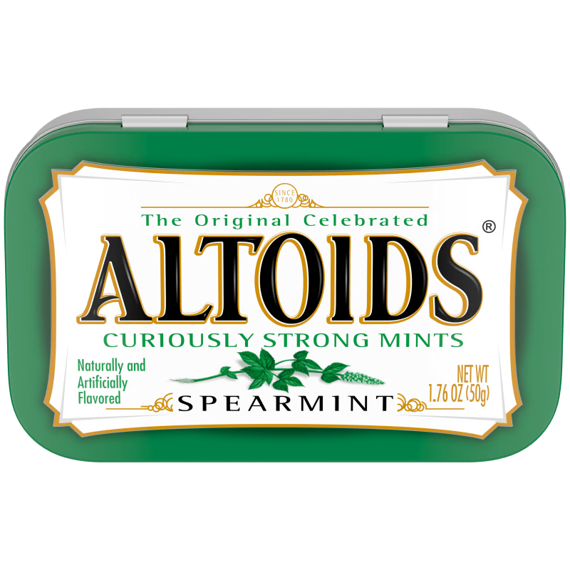 Green metal tin of Altoids Spearmint Mints