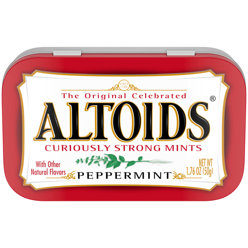 Red Altoids peppermint mints in rectangular tin with white label