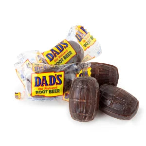 Dads Rootbeer Barrels: dark chocolate beer-shaped candies in yellow-black wrap