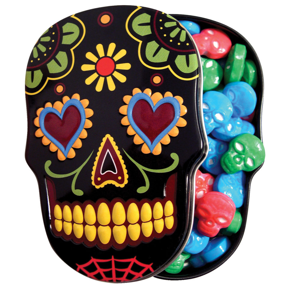 Sugar Skull Tin with Candy: Black tin with floral designs and colorful skull candies