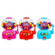Three colorful Dubble Bubble Big Jackpot gumball machines in pink, red, blue