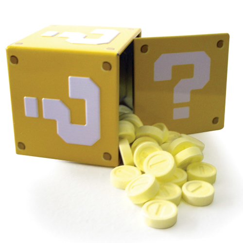Yellow Mario Bros question mark coin box spilling yellow coins