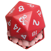 Red D20 die with dragon logo in Dungeons & Dragons tin and candy