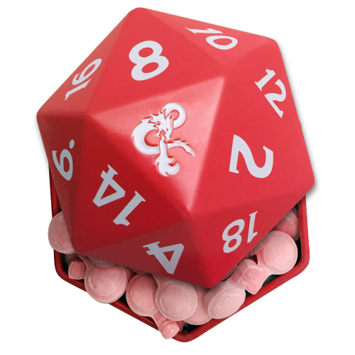 Red D20 die with dragon logo in Dungeons & Dragons tin and candy