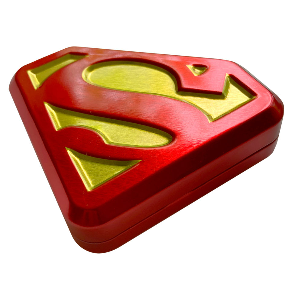 Red and gold Superman logo on S-Shield tin box