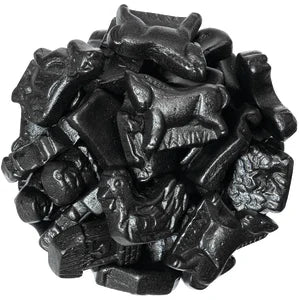 Salty Farm Licorice black glossy molded candy cluster with animal and object shapes