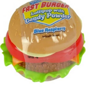 Fast Burger Dip-n-Lick strawberry and blue raspberry burger lollipops with candy powder