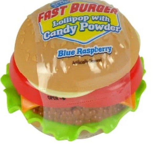 Fast Burger Dip-n-Lick strawberry and blue raspberry burger lollipops with candy powder