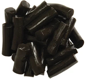 Pile of glossy dark brown Finnska Black Licorice Bites