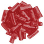 Pile of glossy red cylindrical soft strawberry licorice bites