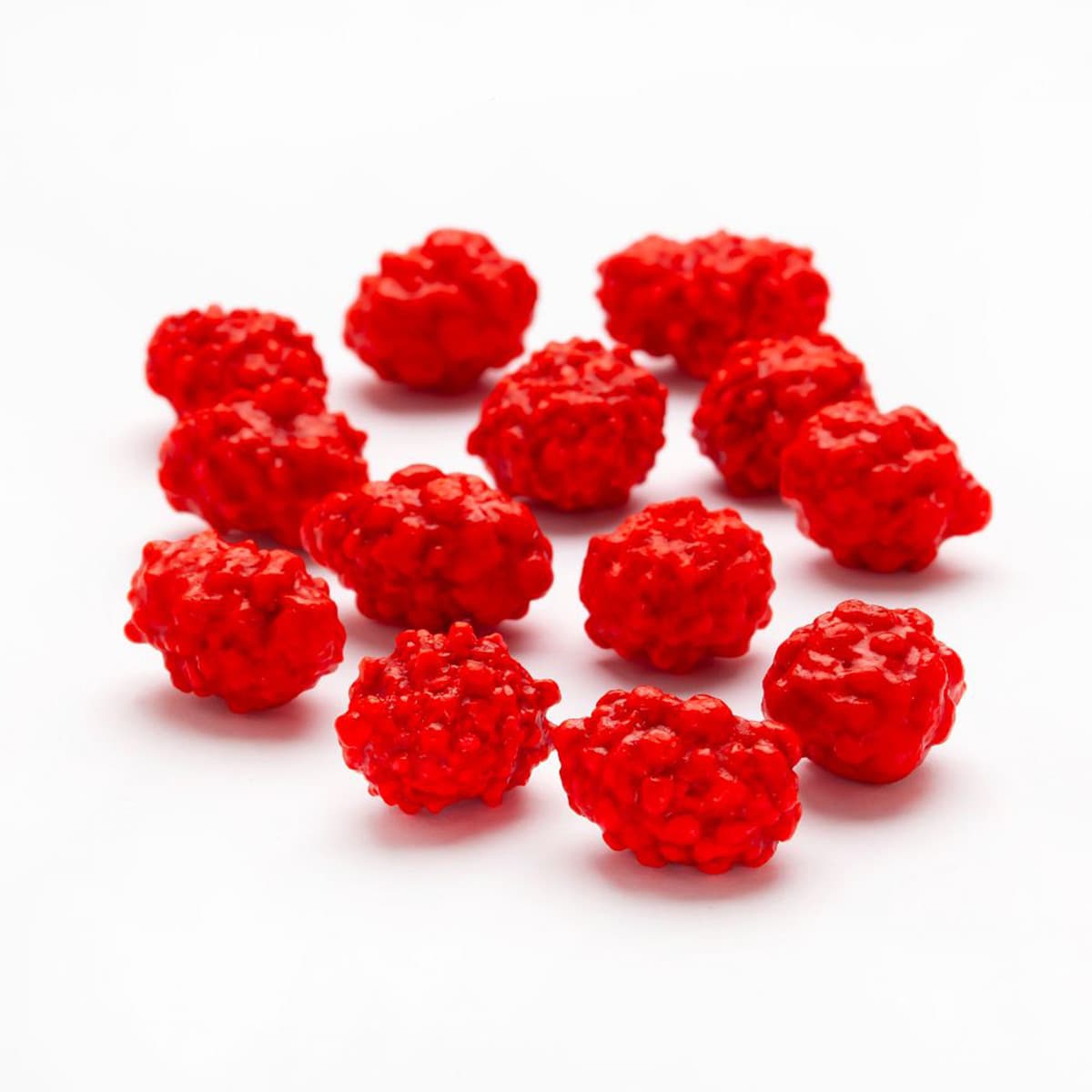 Bright red textured resin beads in French Burnt Peanuts style