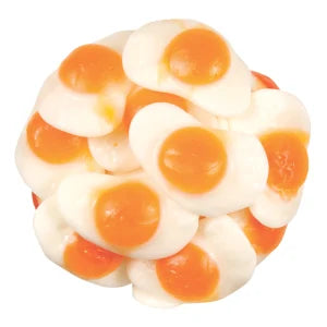 Glossy orange-and-white fried egg gummies shaped like sunny-side-up eggs