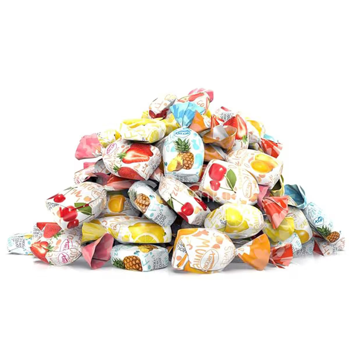 Colorful pile of fruit-filled wrapped hard candies with strawberry, pineapple, and cherry designs